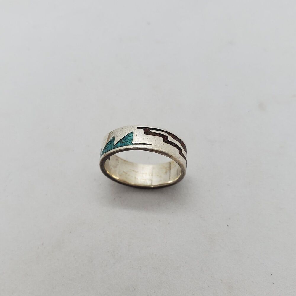 Sterling Silver Size 6 Native Ring with Torquoise and Coral Inlay 925